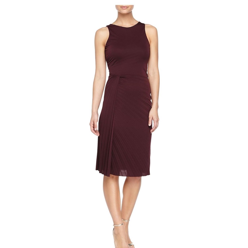Halston Heritage Pleated Midi Dress Aubergine Plum Sleeveless Sz 8 Bodycon